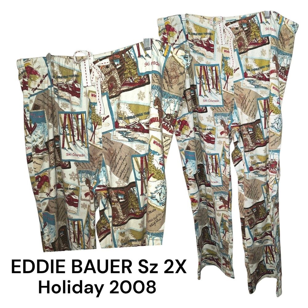 Eddie Bauer 2X Holiday 2008 AOP Ski Lodge Skiing Christmas Cotton Pajama Pants